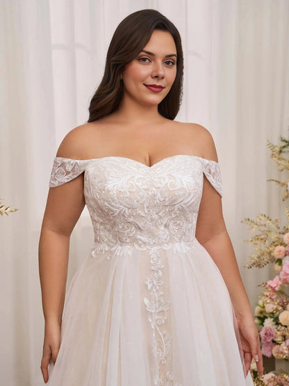 Gorgeous A‑Line Sweetheart Off‑Shoulder Lace‑Up‑Back Train Plus Size Wedding Dress