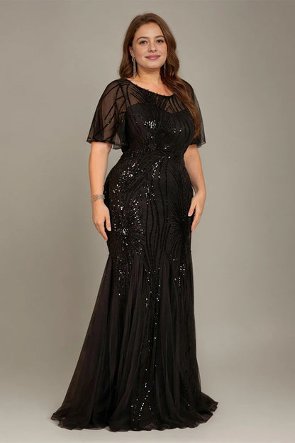 Mermaid Floor Round-Neck Flutter-Sleeve Zip-Back Maxi plus size Mother Of Bride Dress