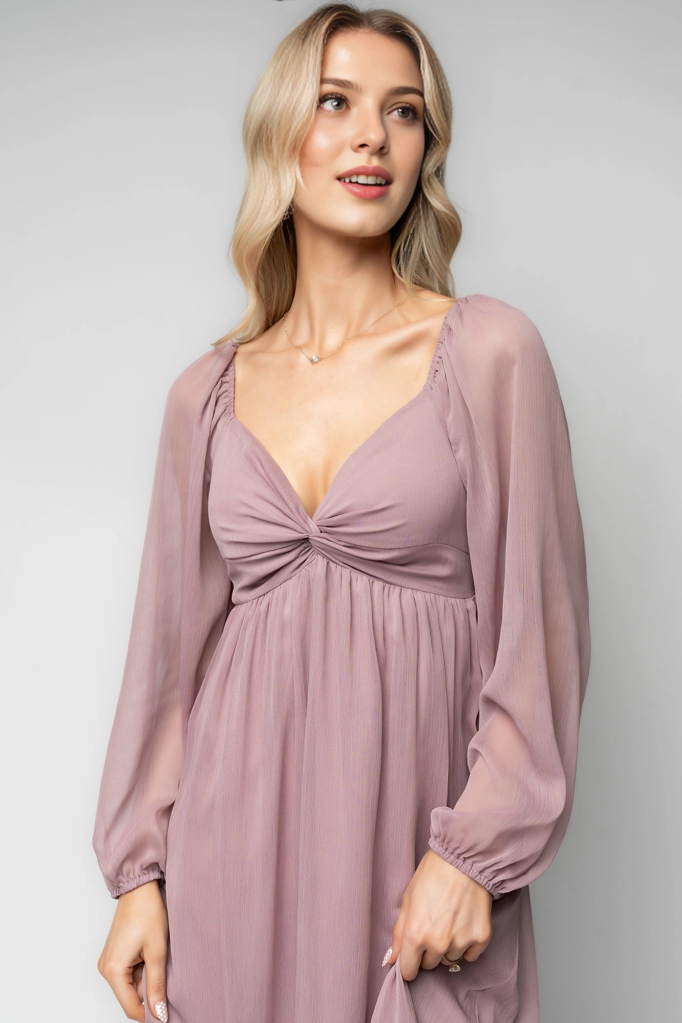 Flowy Midi V-Neck Twist Long Sleeve Smocked-Back Mother Of Bride Dress