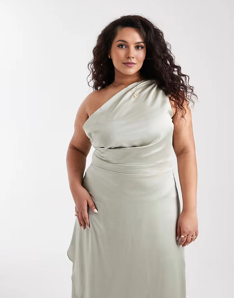 One‑Shoulder Draped Satin Ruched Waist Wrap‑Front Split Maxi Plus Size Wedding Guest Dress