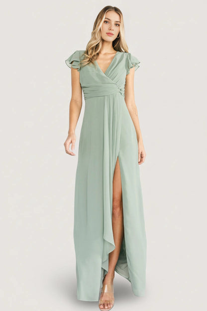 Roselledress sage green chiffon bridesmaid dress v neck ruffle sleeve front slit view