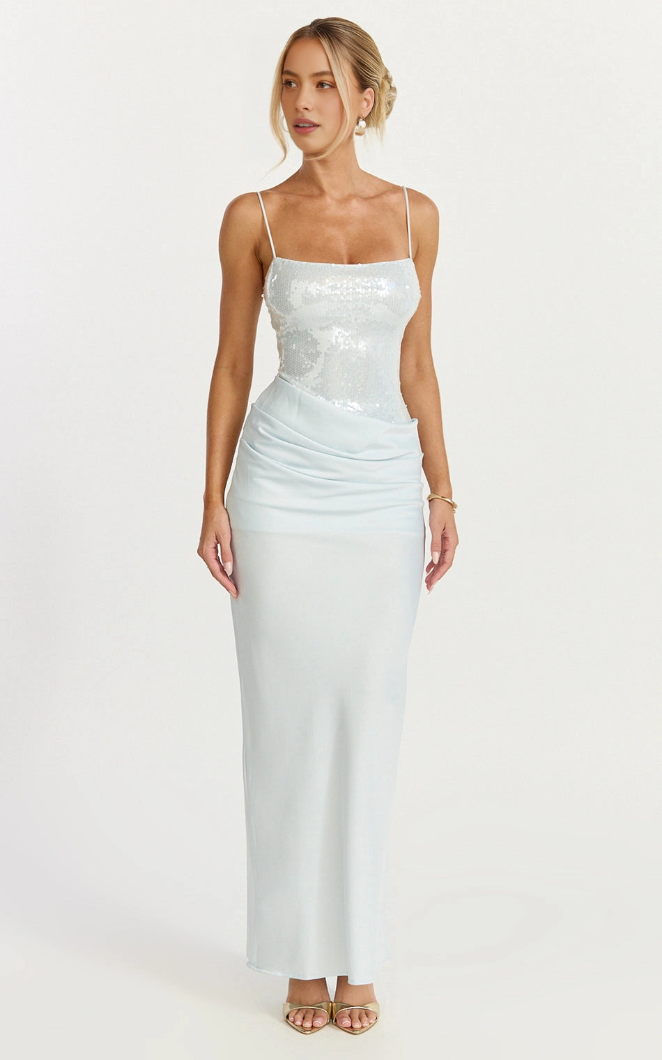 Glamorous Spaghetti Strap Square Back Adjustable Sequin Ruched Satin Plus Size Maxi Bridesmaid Dress