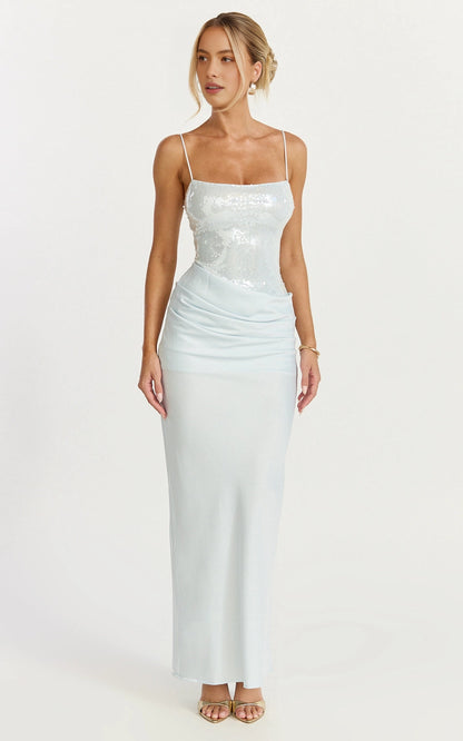Glamorous Spaghetti Strap Square Back Adjustable Sequin Ruched Satin Plus Size Maxi Bridesmaid Dress