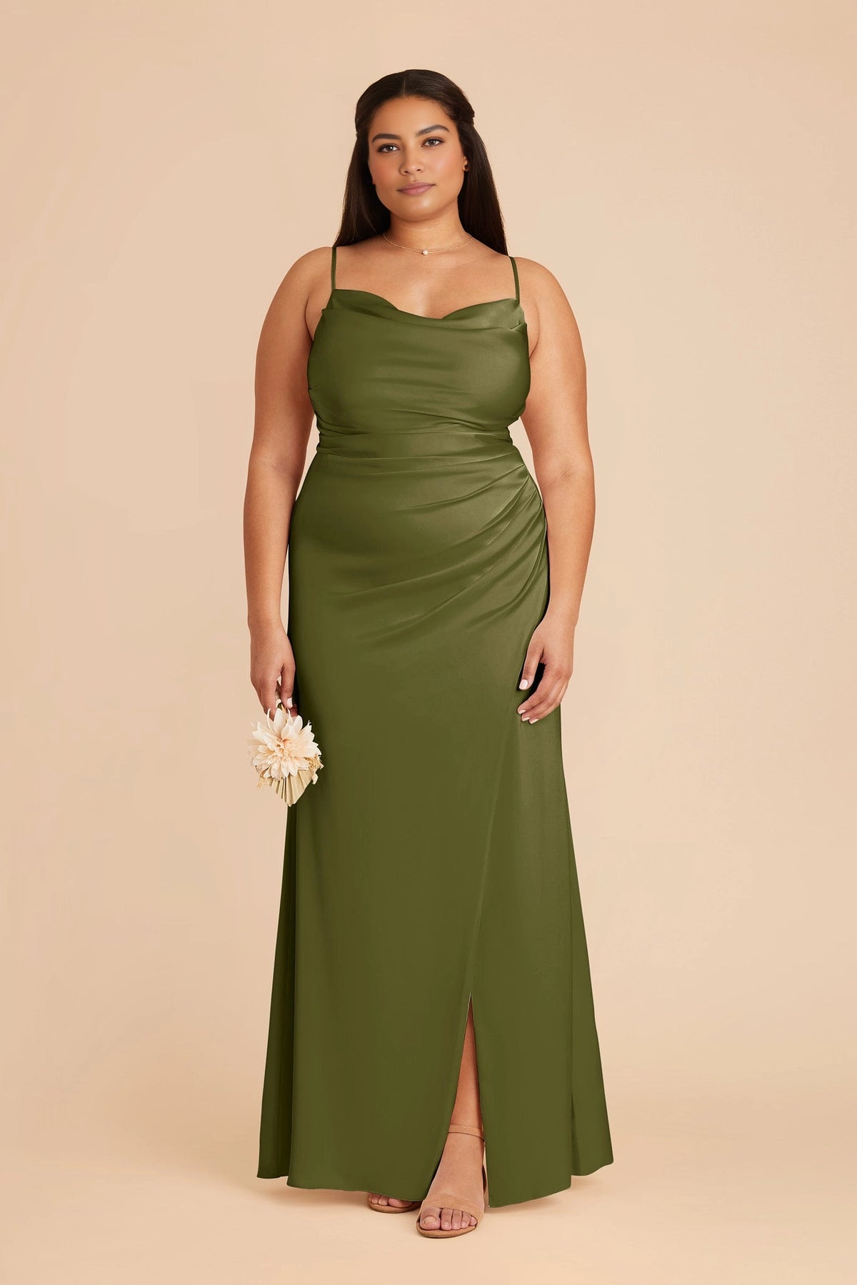 Elegant Satin Sheath Cowl Neck Spaghetti Strap Zipper Back Floor Length Plus Size Bridesmaid Dress