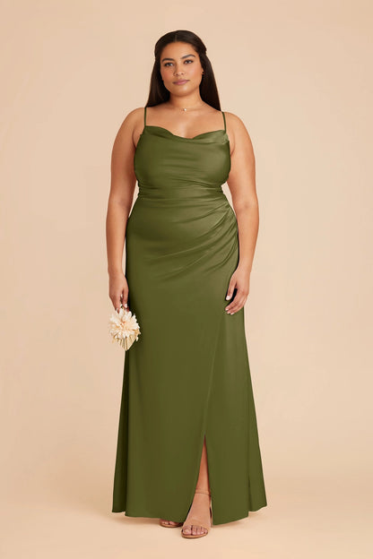 Elegant Satin Sheath Cowl Neck Spaghetti Strap Zipper Back Floor Length Plus Size Bridesmaid Dress