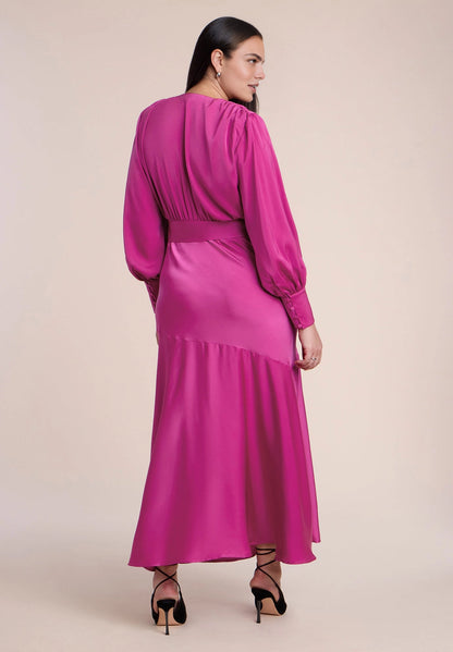 roselledress rose red satin wedding guest dress long sleeve side slit ruffle hem waist tie plus size formal midi dress back view