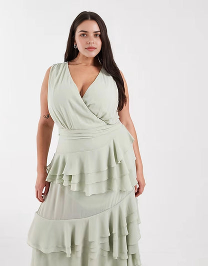 Roselledress Chiffon Tiered Wrap V‑Neck Sleeveless Elastic Back Maxi Plus Size Wedding Guest Dress