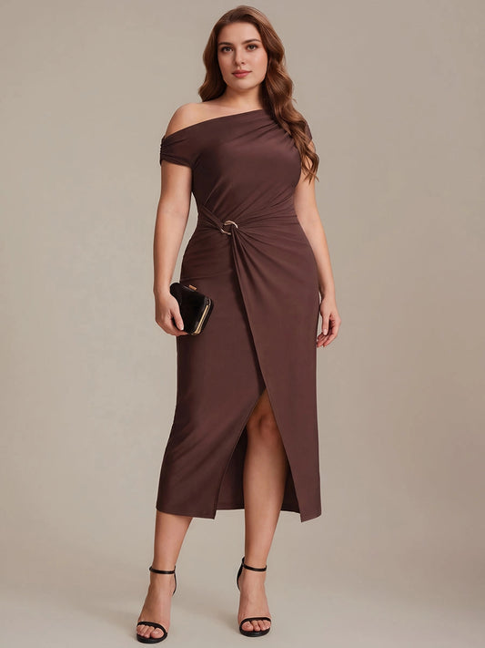 roselledress chocolate off shoulder plus size cocktail dress metal ring twist wrap slit midi gown