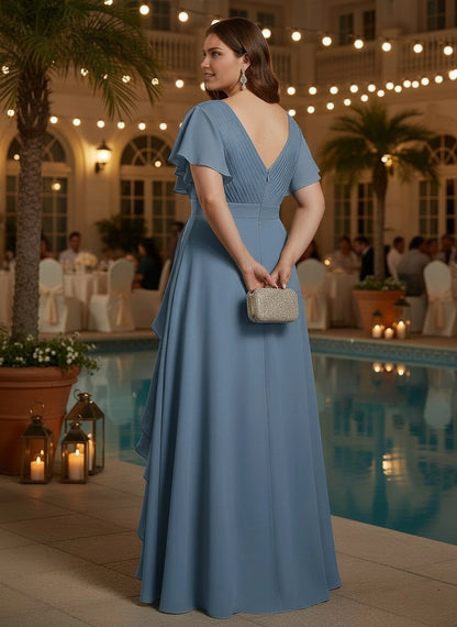 Roselledress slate blue chiffon evening maxi dress back view, deep v back zipper closure plus size wedding guest dress