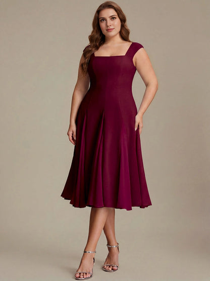 Roselledress Black White Color Block A-Line Square Cap Sleeve Zip Back Midi Plus Size Weeding Guest Dress