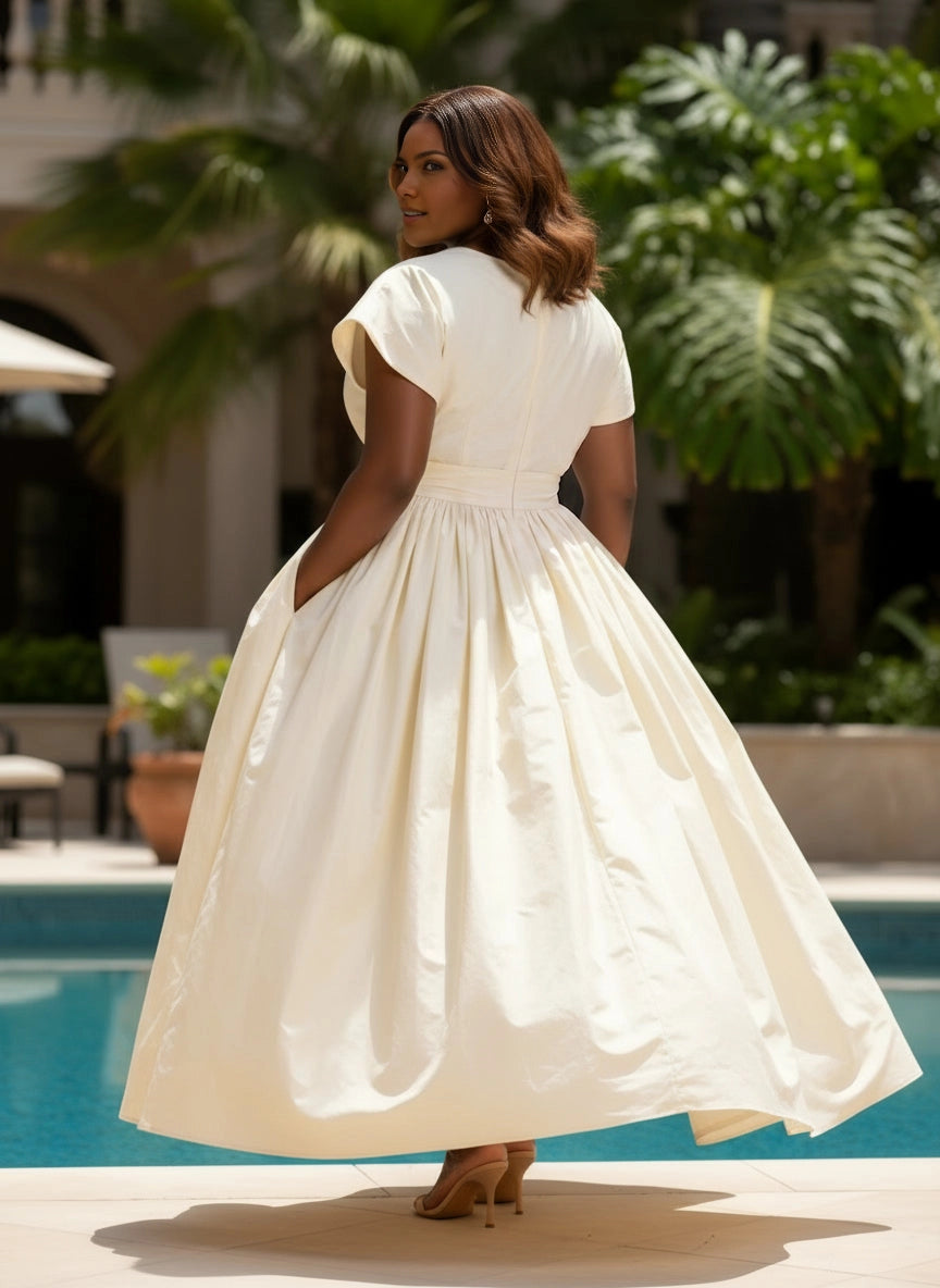 Roselledress ivory taffeta midi formal dress back view, solid back zipper closure plus size tea length party dress