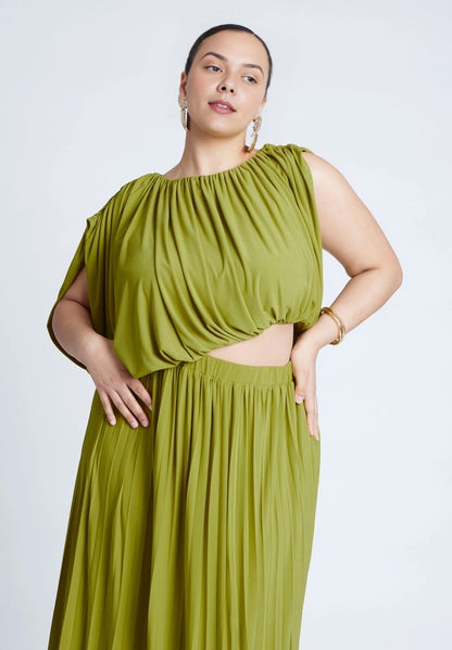 Roselledress Cape‑Sleeve Cutout Waist Pleated Maxi Plus Size Wedding Guest Dress
