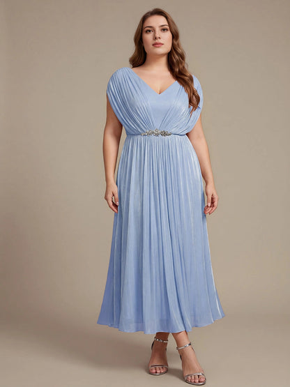 Roselledress Dusty Blue A-Line V-Neck Draped Cap Sleeve Zip Back Midi Plus Size Weeding Guest Dress