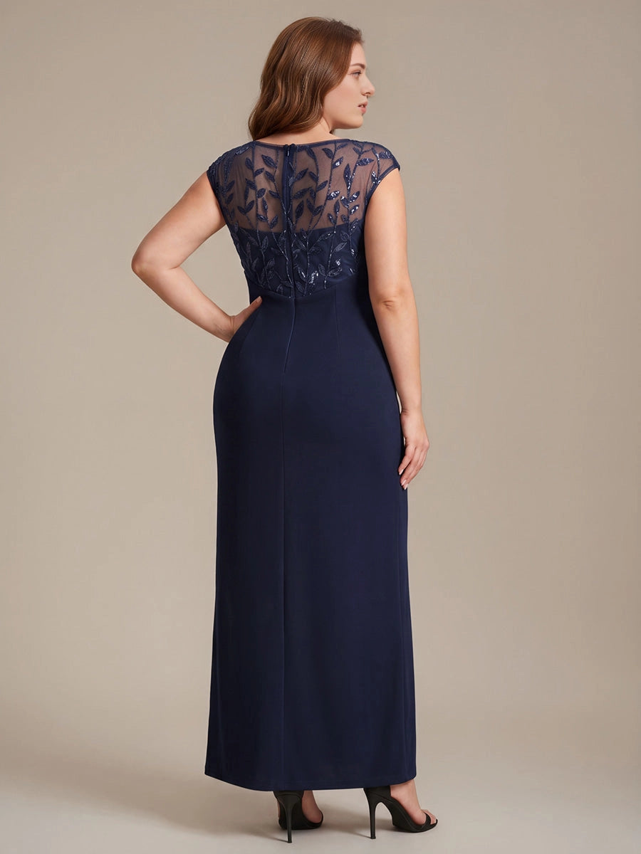 roselledress dark blue stretch formal dress plus size sheer leaf mesh zip back floor length evening gown