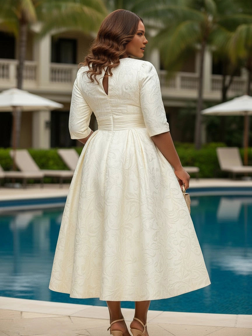 Roselledress textured jacquard formal dress plus size keyhole back invisible zipper mother of bride midi dress back view