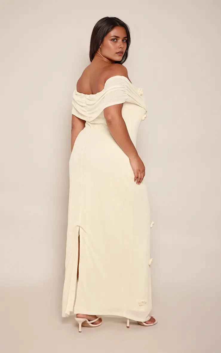 Roselledress plus size cream chiffon off‑shoulder back slit formal wedding guest maxi dress back view