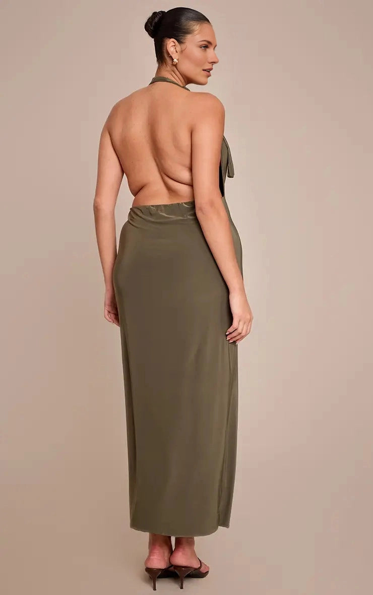 Roselledress plus size olive slinky jersey open‑back halter formal midi dress back view