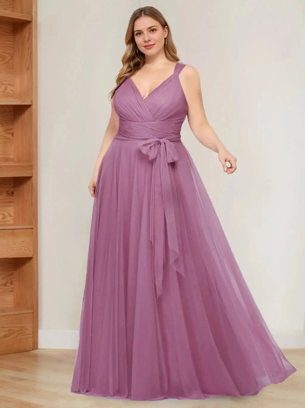 roselledress plus size dusty purple tulle v neck a line long bridesmaid gown with waist bow