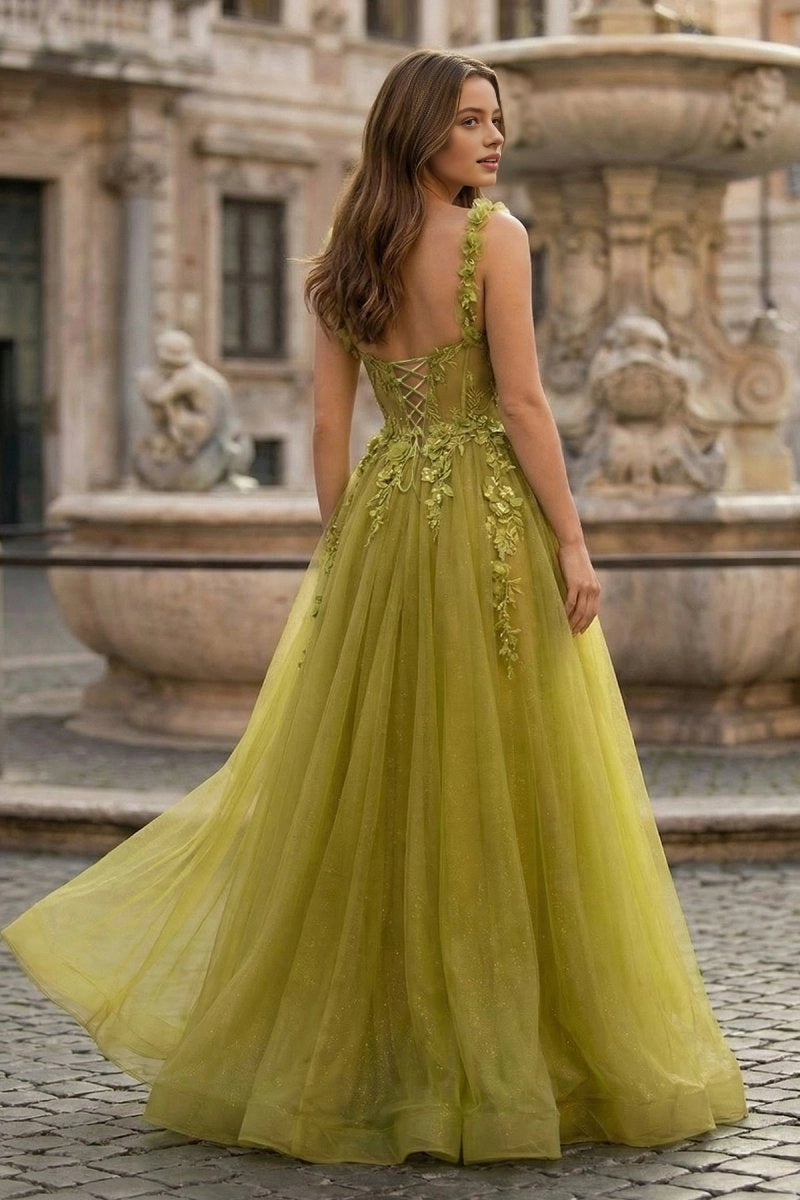 Roselledress forest green fairy formal gown corset lace up open back sparkly long evening dress rear view