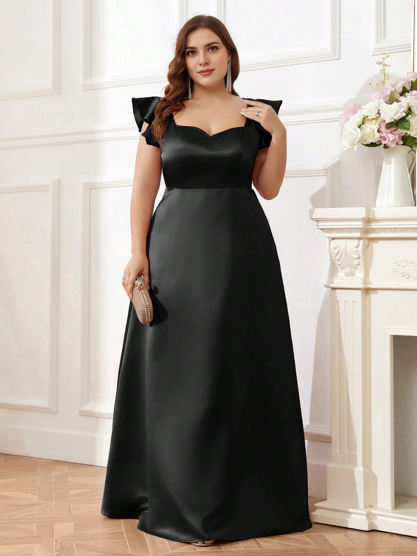 Roselledress black plus size prom dress sweetheart ruffle sleeve satin a‑line evening gown with pockets