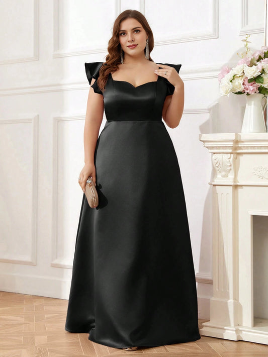 Roselledress black plus size prom dress sweetheart ruffle sleeve satin a‑line evening gown with pockets