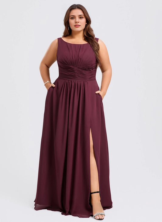 Roselledress burgundy plus size chiffon bridesmaid dress bateau sleeveless front slit pockets view