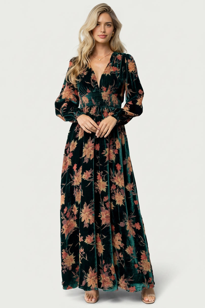 Roselledress green floral velvet mother of the bride dress v neck long lantern sleeve floor length front view