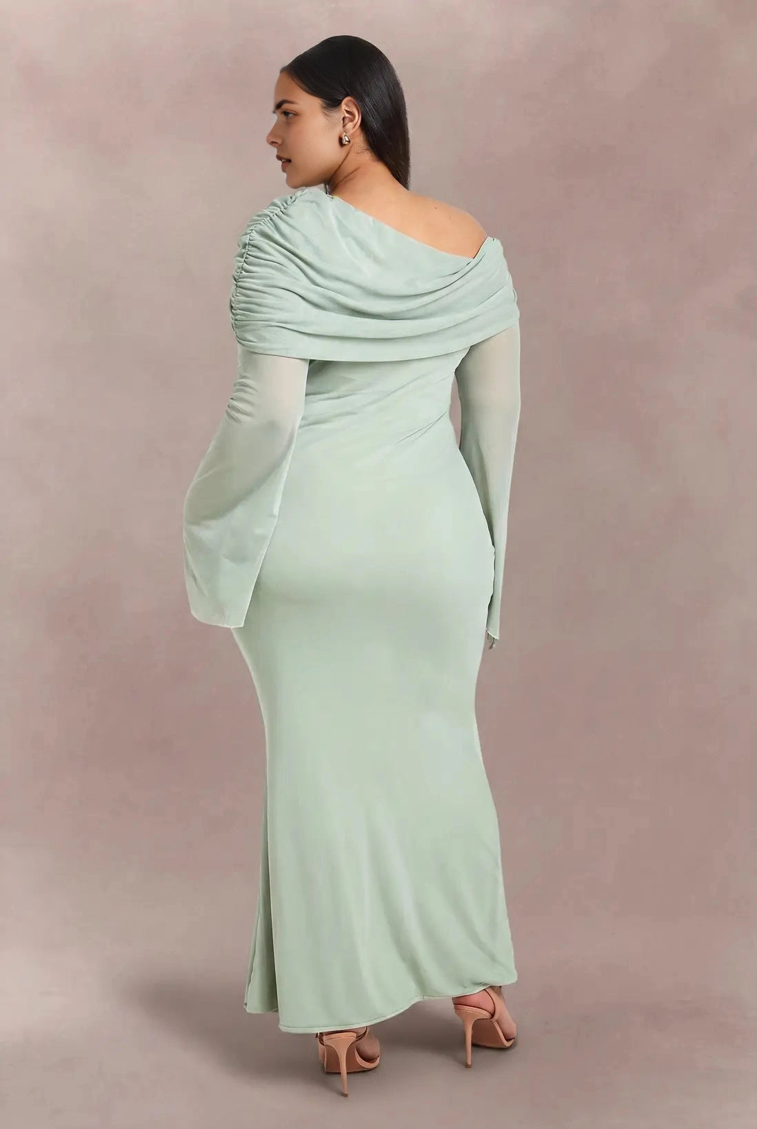 Roselledress plus size sage green mesh long sleeve wedding guest gown back view