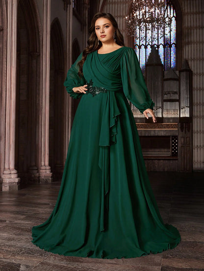 Plus Size Emerald A‑Line Wrap‑Round‑Neck Long‑Sleeve Zipper‑Back Floor‑Length Prom Dress
