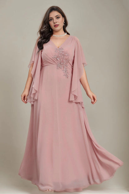 Dark Green Plus Size A‑Line V‑Neck Cape‑Sleeve Cowl‑Back Floor‑Length Prom Dress
