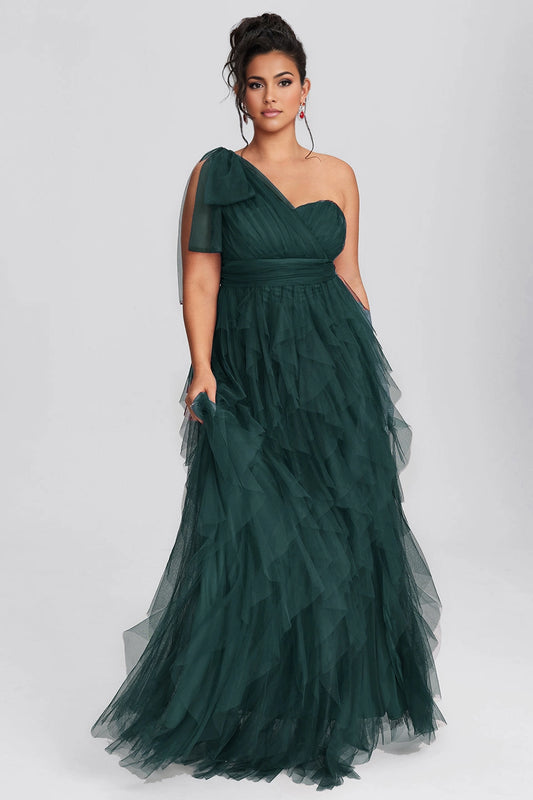 Roselledress forest green plus size one shoulder long prom dress ruffle tulle a-line evening gown with pockets