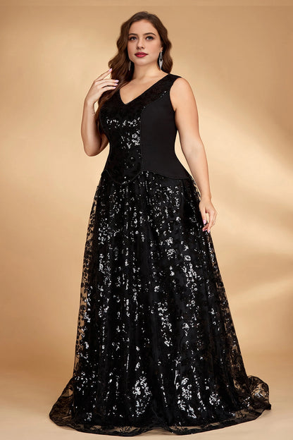 Full A-Line V-Neck Sleeveless Round-Back Floor-Length Plus Size Mother Of Bride Dress