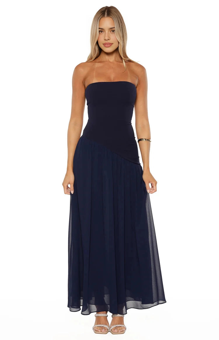 Mixed Fabric A Line Strapless Straight Back Long Prom Dress
