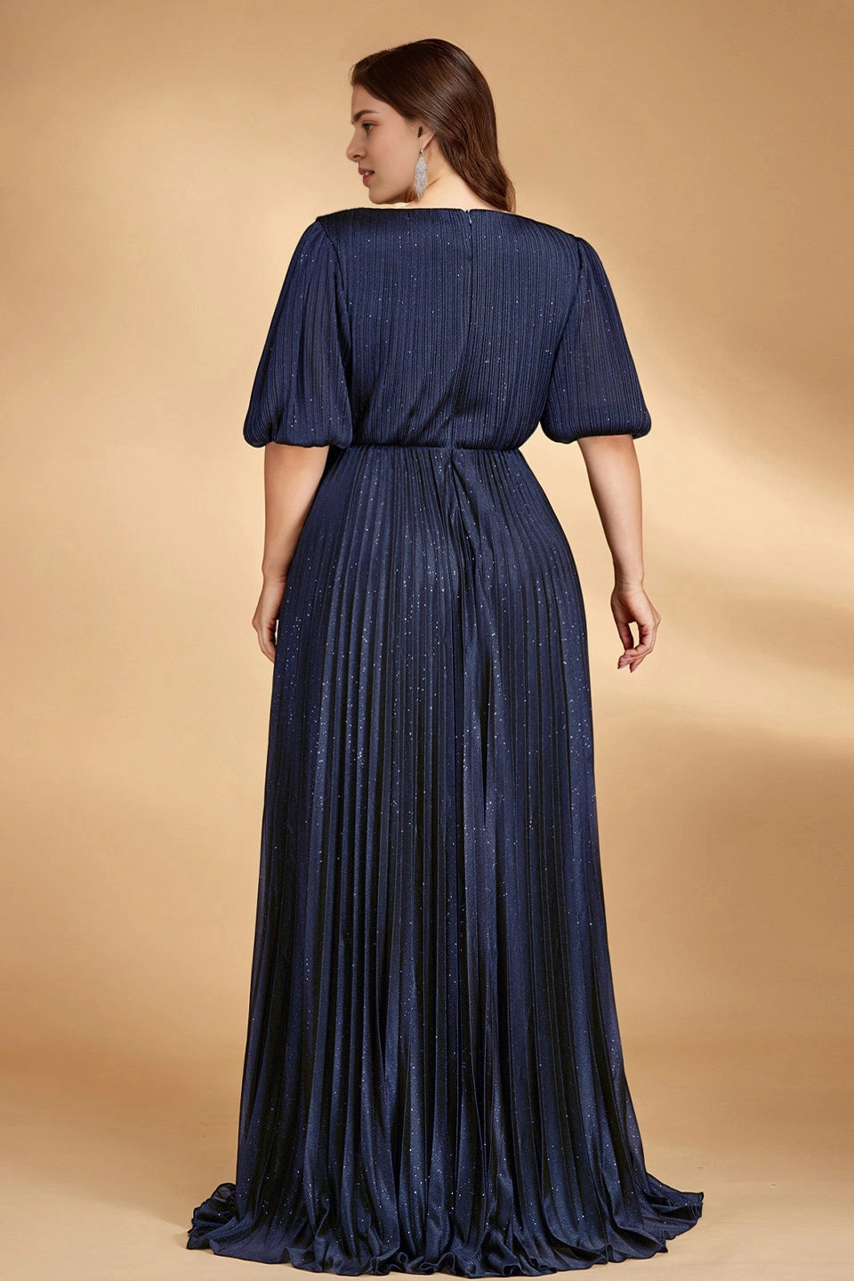 Roselledress plus size navy formal dress zipper back pleated long prom dress rear view