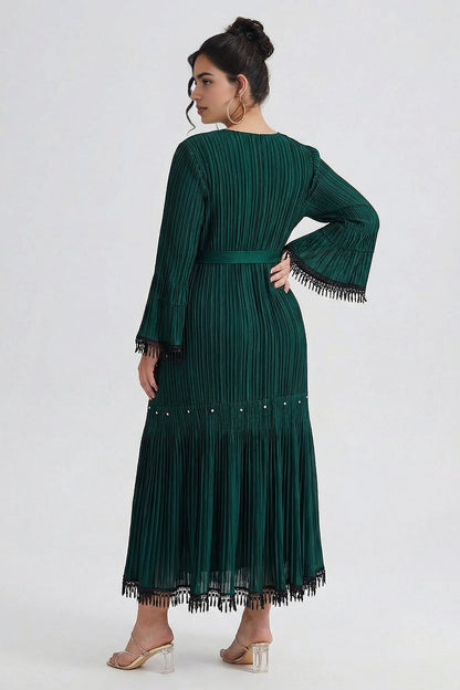 dress plus size dark green pleated long dress solid closed back tassel hem casual formal midi maxi gown