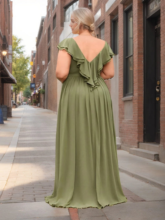 Roselledress chiffon maxi plus size dress back view, v-back ruffle design short flutter sleeve formal bridesmaid gown with zipper