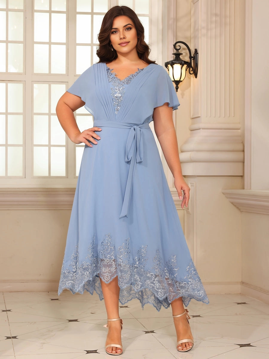 Soft Dusty‑Blue Plus‑Size A‑Line V‑Neck Flutter‑Sleeve Zipper‑Back Midi‑Length Wedding‑Guest Dress