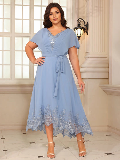 Soft Dusty‑Blue Plus‑Size A‑Line V‑Neck Flutter‑Sleeve Zipper‑Back Midi‑Length Wedding‑Guest Dress