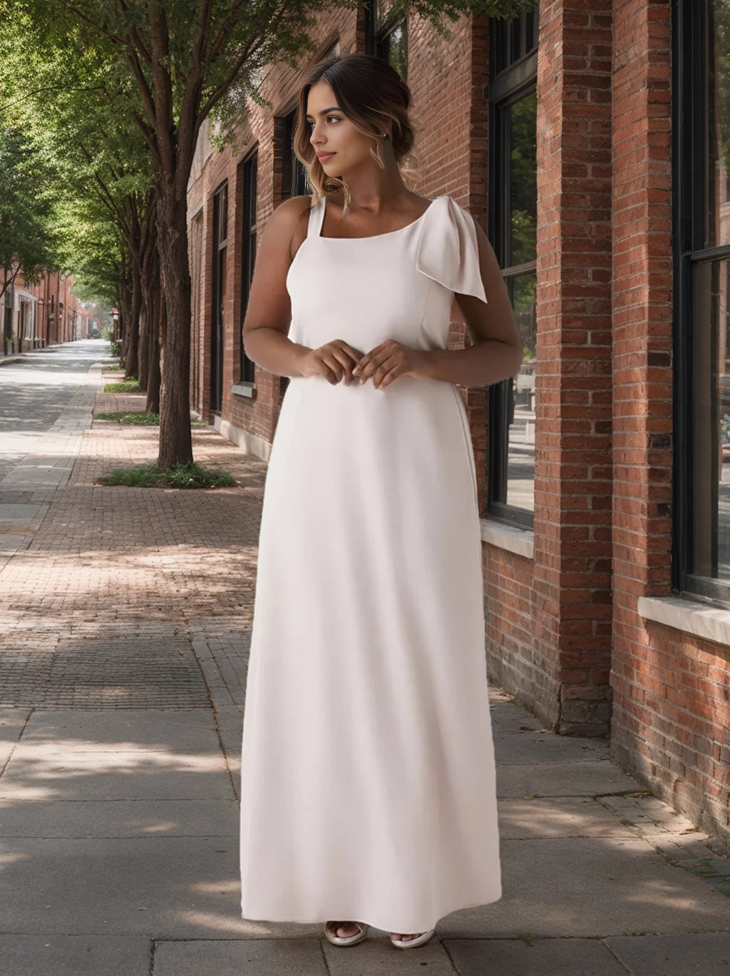 roselledress blush satin plus size bridesmaid dress square neck single shoulder bow strap straight maxi gown minimalist city wedding formal dress