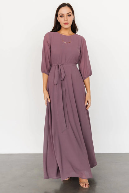 Flowy A-line Round Neck 3/4 Sleeve Keyhole-Back Maxi Mother Of Bride Dress