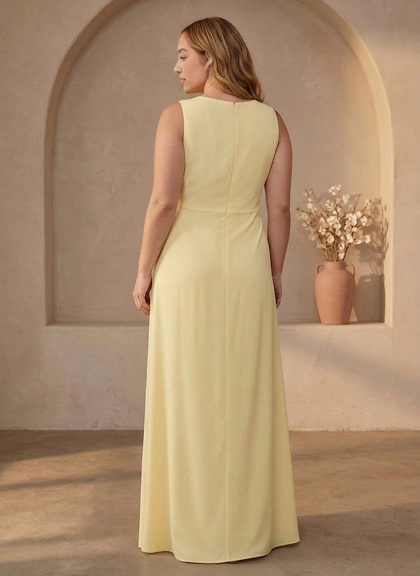 Roselledress solid yellow sleeveless long dress back view, simple zip back plus size wedding guest formal gown