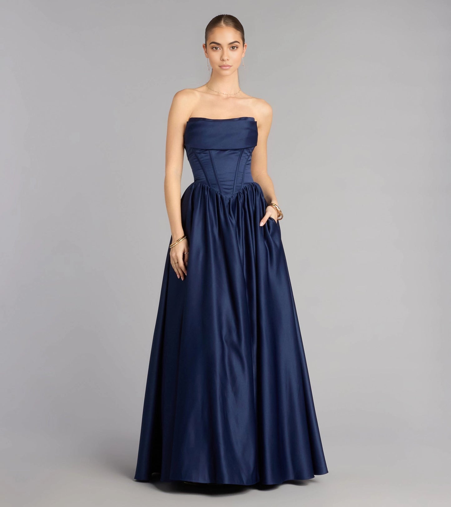 roselledress navy satin strapless corset prom dress folded neck a line gown with pockets