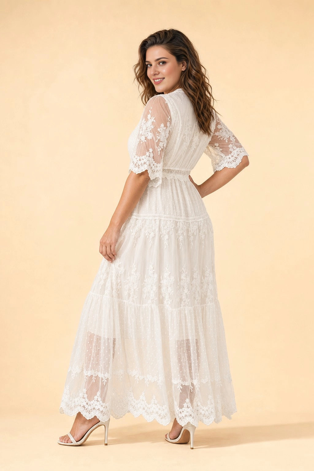 Roselledress white floral lace maxi dress back view, modest zip back plus size boho photoshoot dress