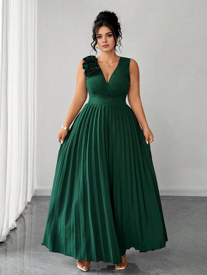 Roselledress plus size emerald green pleated prom dress v neck sleeveless 3d floral shoulder a‑line floor length front view