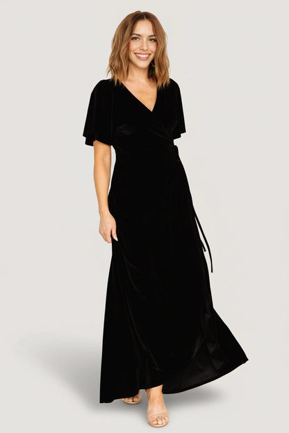 Soft A‑line V‑Neck Flutter Sleeve Closed‑Back Maxi Mother Of Bride Dress