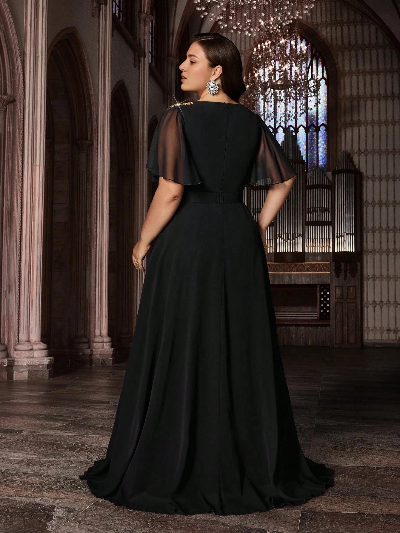 Back view Roselledress black plus size a‑line prom dress solid back zipper floor‑length mother of bride gown