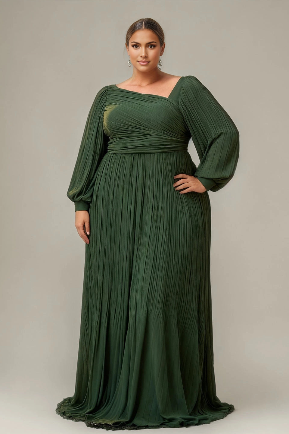Vedress Peacock plus size asymmetrical long sleeve long prom dress pleated a-line evening gown