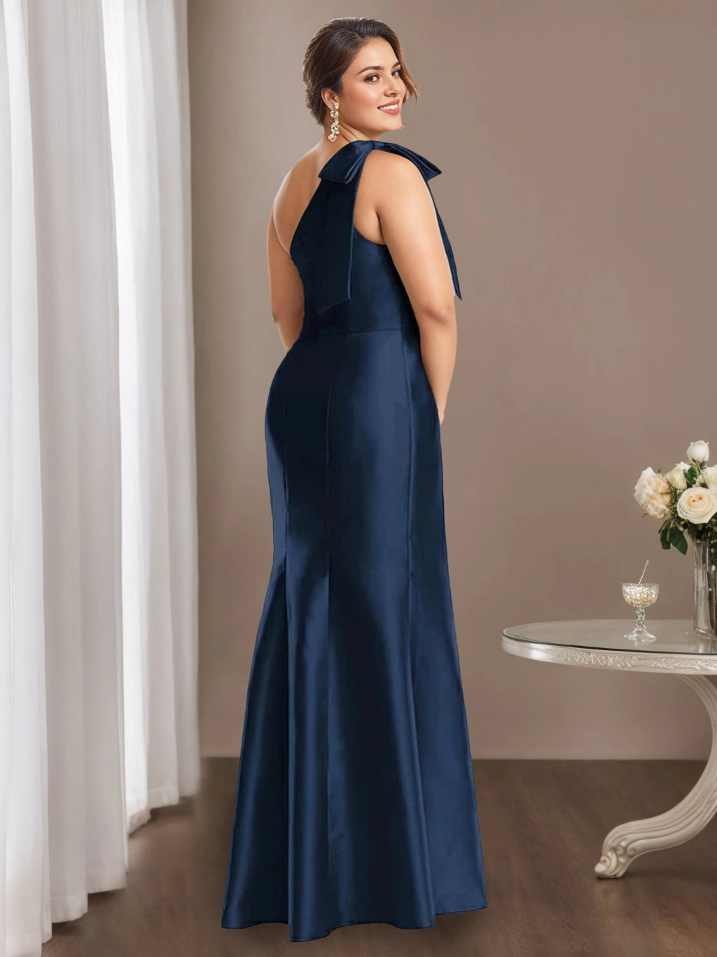 back view roselledress plus size satin mermaid mother dress one shoulder open back matching bow invisible zipper navy blue long formal dress with pockets