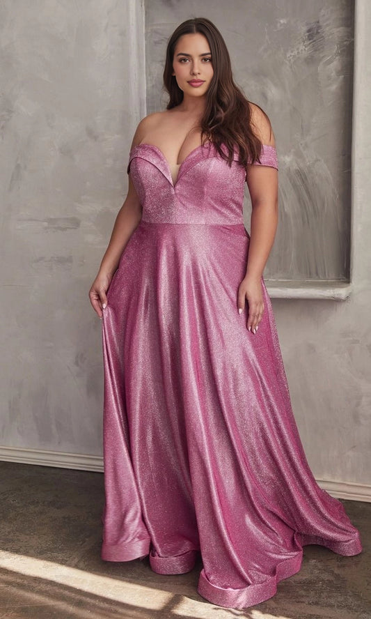 Roselledress dusty pink plus size off shoulder long prom dress glitter stretch a-line evening gown