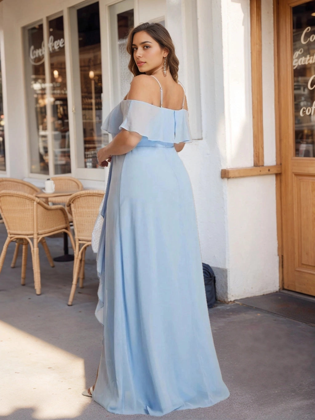 Back view RoselleDress light blue curvy chiffon formal dress off shoulder ruffle open back floor length a-line bridesmaid dress